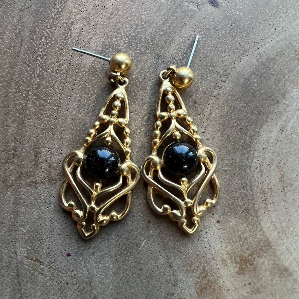 Vintage Avon Faux Onyx Black Cabochons Gold Flecks Open Scroll Design Earrings